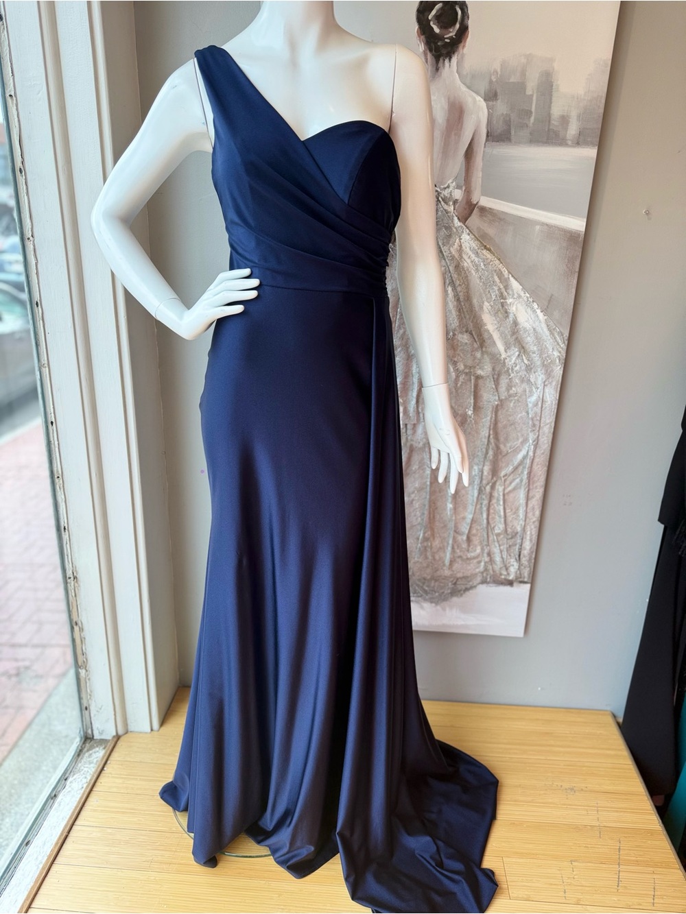 One-Shoulder Navy Formal Gown with Draped Bodice